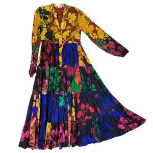 Siddhartha Bansal Dress XXS Floral Patchwork A-Line Button-Up Tiered Balloon-Slv